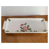 WHITE BASKET WEAVE PATTERN PLATTER W/ PINK DESERT ROSE (HAS CHIP ON BOTTOM OF HANDLE) 16 1/4" LONG X 7" WIDE