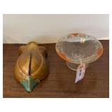 VINTAGE HAND PAINTED COMPOTE 6" ROUND X 3" TALL & VINTAGE FLOWER WALL POCKET 7" LONG X 6" WIDE