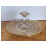 VINTAGE PADEN CITY GLASS CO ETCHED FLORAL TIDBIT PLATE W/ OPTIC STAR KNOB 6" TALL X 10 1/2" ROUND