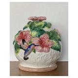 VINTAGE HUMMINGBIRD/HIBISCUS COOKIE JAR 9 1/2" TALL X 9" WIDE (WING BROKEN)