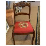 ANTIQUE BEAUTIFUL MAHOGANY HAND CARVED SIDE CHAIR WITH NEEDLEPOINT FLORAL SEAT 33" TALL X 17 3/4" WIDE X 15" DEEP