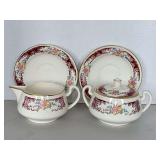VINTAGE HOMER LAUGHLIN "MAJESTIC FLORAL" COVERED SUGAR, CREAMER & 2 SAUCERS