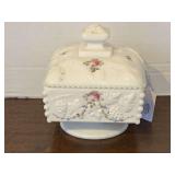 VINTAGE WESTMORELAND WHITE MILK GLASS "ROSES & BOWS" COVERED CANDY DISH 5" TALL X 5" SQUARE