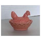 VINTAGE PINK OPALINE MILK GLASS MINI CHICKEN HEN ON BASKET 2 1/2" LONG X 2" WIDE X 2" TALL