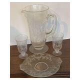VINTAGE FOSTORIA "CHINTZ" WATER PITCHER 10" TALL, SMALL GLASSES (SMALL CRACK IN GLASS AROUND TOP OF HANDLE) & VINTAGE MEADOW ROSE SMALL PLATE FOSTORIA 8"