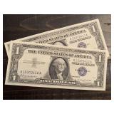 TWO 1957B $1 BLUE SEAL SILVER CERTIFICATES (VERY CRISP) - SERIAL NO X15372412A, X15372413A