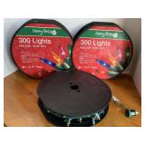 2 NEW 300 MULTI BULB GREEN WIRE ROLLS OF CHRISTMAS LIGHTS & 1 ROLL MULTI COLOR CHRISTMAS LIGHTS