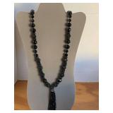 BLACK FACETED BEADED TASSEL NECKLACE 36" LONG - NECKLACE