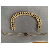 VINTAGE WIDE GOLD TONE NUGGET LOOK LINK BRACELET & DAINTY GOLD TONE DOUBLE CHAIN BRACELET W/ CENTER BROWN STONES - CHECKOUT
