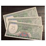 THREE 1985 SURINAME 25 GULDEN BANKNOTES (APPEAR TO BE UNCIRCULATED)