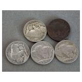 5 BUFFALO NICKELS (1919, 1920, 1925, 1929, 1929) - CHECKOUT