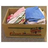 BOX OF ASSORTED TOWELS, HANDMADE TRIVETS & MORE