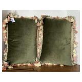 TWO 18X12 REVERSIBLE THROW PILLOWS - GREEN VELVET TO ROSE SATIN