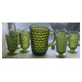 VINTAGE INDIANA GLASS "WHITE HALL CUBIST" OLIVE GREEN - WATER PITCHER & 6 WATER GLASSES