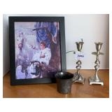 FRAMED PHOTO OF PRINCE WILLIAM 1ST BLOOD 11 1/2" X 9 1/2", PAIR TWISTED PEWTER CANDLESTICKS 7" TALL & WALLACE CENTERPLATE CHILD