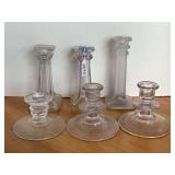 ASSORTMENT OF 6 GLASS VINTAGE CANDLE STICKS (VARIOUS SIZES)