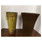 GREEN DECORATIVE METAL VASE 11" TALL X 6" ROUND & DARK BROWN/WOODEN VASE 11 1/2" TALL X 8" WIDE