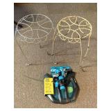 2 WIRE METAL PLANT STANDS SILVER/WHITE 15 1/2" TALL X 10" ROUND, 13" TALL X 10" ROUND & NEW GILMORE HEAVY DUTY SPRINKLER