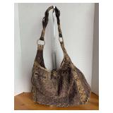 LADIES NICE BROWN WOVEN HANDBAG W/ FAUX SNAKESKIN TRIM