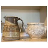 GLAZED POTTERY WATER PITCHER 7" TALL & POTTERY PLANTER 5" TALL