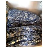 5 PIECE COBALT BLUE/WHITE PAISLEY CURTAIN/VALANCE SET W/ TIE BACKS