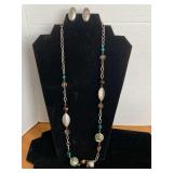 SILVERTONE CHAIN NECKLACE W/ MULTI COLOR STONES & MATCHING CLIP ON EARRINGS 27" LONG - CHECKOUT