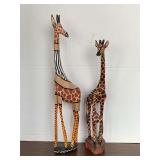 2 WOODEN HAND PAINTED GIRAFFES 18 1/2" TALL, 15 /2" TALL (ONE HAS DAMAGE SEE PIC)