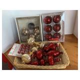 BOX OF 4 GOLD/BLACK GLASS ORNAMENTS, BOX OF 6 RED GLASS BALL ORNAMENTS & MORE