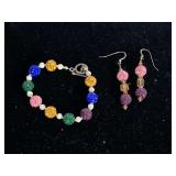 STERLING CLASP MULTI COLOR RHINESTONE BALL BRACELET 6 1/4" & MATCHING PIERCED EARRINGS W/ STERLING SILVER POSTS - CHECKOUT