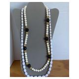 VINTAGE HAND KNOTTED WHITE BEAD NECKLACE 32" LONG & LONG WHITE BEADED NECKLACE W/ BLACK/GOLD BALLS 28" LONG - CHECKOUT