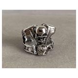 SILVERTONE WIDE SKULL RING SIZE 7 1/2 - CHECKOUT
