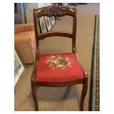ANTIQUE BEAUTIFUL MAHOGANY HAND CARVED SIDE CHAIR WITH NEEDLEPOINT FLORAL SEAT 33" TALL X 17 3/4" WIDE X 15" DEEP