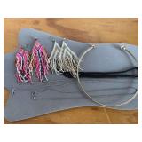 2 PAIR BEADED PIERCED EARRINGS, GOLD TONE CHOKER, 2 SILVERTONE LINK CHAIN & 1 BLACK MESH CHAIN - CHECKOUT