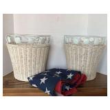 2 WHITE WICKER TRASH CANS W/ METAL SHELL DESIGN & AMERICAN FLAG 20" LONG X 64" WIDE