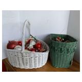 LARGE WHITE BASKET & GREEN WICKER BASKET FULL OF ASSORTED CHRISTMAS ORNAMENTS