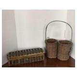 VINTAGE WOVEN BASKET DOUBLE WINE HOLDER & VINTAGE WOVEN LONG COVERED BOX 13 1/2" LONG X 4 1/2" DEEP X 4 1/2" TALL