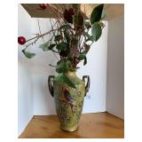 TALL POTTERY VASE W/ PARROT & GRAPE DESIGN WITH FLORAL ARRANGEMENT (VASE 16" TALL)