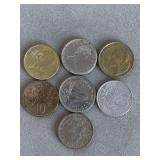 7 FOREIGN COINS (2018 COSTA RICA 10 COLONES COIN, 1973 CANADA 25 CENT COIN, 1975 SPAIN 5 PESETAS COIN, 1953B FRANCE 20 FRANCS, 1975 JAMAICA 10 CENT COIN, 2000 THE BAHAMAS 25 CENT COIN) - CHECKOUT