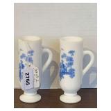 2 VINTAGE AVON WHITE MILK GLASS W/ BLUE TOILE DESIGN 3.02 OZ PEDESTAL MUGS 5 1/4" TALL