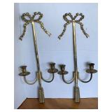 PAIR SOLID BRASS DOUBLE CANDLE WALL SCONCES 19" LONG X 8" WIDE