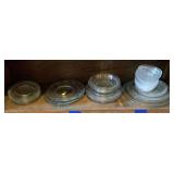 SHELF LOT OF GLASS PLATES & BOWLS