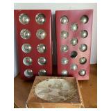 BOX 14 SILVER GLASS BALL ORNAMENTS, BOX 10 SILVER GLASS BALL ORNAMENTS & 4 CLEAR FROSTED GLASS BELL ORNAMENTS