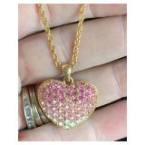 VINTAGE AVON PINK RHINESTONE PUFFY HEART PENDANT ON GOLD TONE CHAIN 16" LONG - CHECKOUT