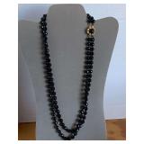 VINTAGE DOUBLE STRANDED FACETED BLACK JET GLASS BEADED NECKLACE W/ FLOWER CLASP 24" LONG - CHECKOUT