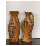 PAIR OF POTTERY WOOD LOOK ABSTRACT VASES (DAMAGE ON TOP OF ONE) 13" TALL