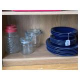 13 PIECES COBALT BLUE STONEWARE DISHES & 3 GLASS CANISTERS