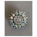 VINTAGE SILVERTONE CIRCLE BROOCH W/ AURORAS BOREALES FACETED STONES & CROWN IN CENTER - CHECKOUT