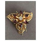 VINTAGE GOLD TONE FILIGREE BROOCH W/ PRONGED RHINESTONES - CHECKOUT