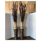 PAIR TALL GOLD/BLACK METAL VASES W/ DRIED GRASS (VASE 19 1/4" TALL X 4 1/2" WIDE)