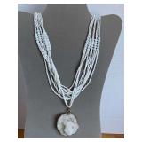 VINTAGE 10 STRAND WHITE BEADED STATEMENT NECKLACE W/ LARGE WHITE CRYSTAL GEODE PENDANT BY CLARK & COOMBS 28" LONG - CHECKOUT